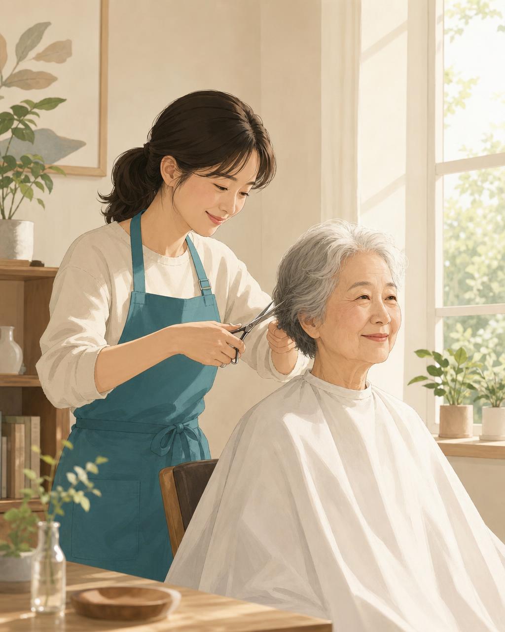 봉사자가 이웃의 머리를 정성스럽게 다듬는 일러스트